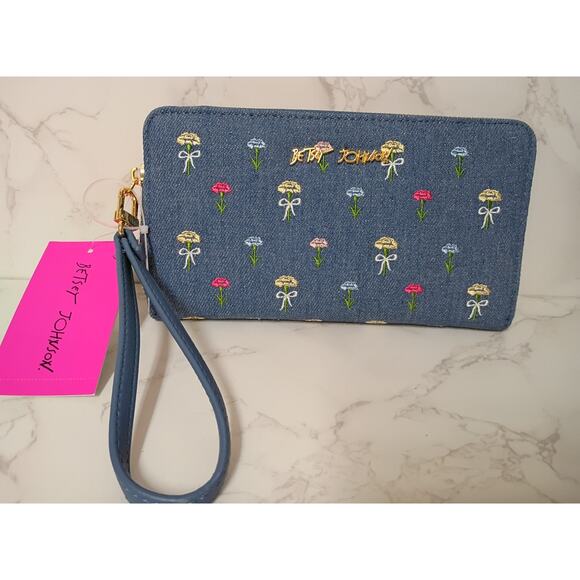 BETSEY JOHNSON Denim Floral Embroidered Zip Around Wristlet - NEW - Picture 1 of 7